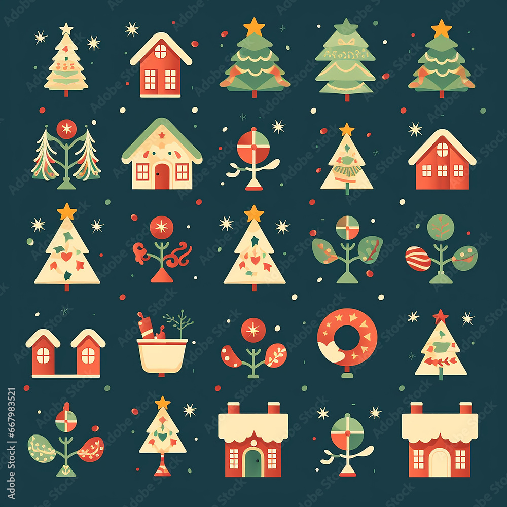 Set of Vector Christmas Icons. Gift, Pine, Ball, Santa, Candle, Gingerbread Man, Candy, Bell