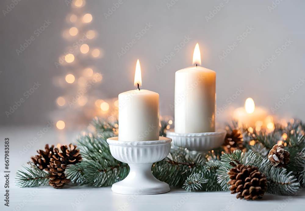 christmas decoration with candles and christmas tree, christmas candle and decorations, christmas decoration with candles