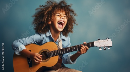 A joyful child playing guitar is isolated on a clean studio background with copy space. Creative banner for children's music school