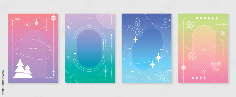 Merry christmas concept posters set. Cute gradient holographic background vector with vibrant color, snowflakes, holly, pine. Art trendy wallpaper design for social media, card, banner, flyer.