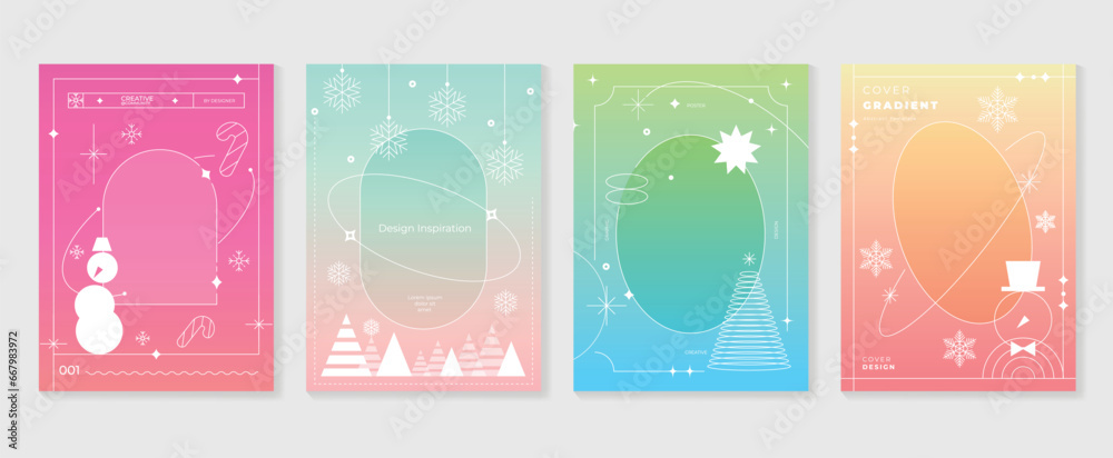 Merry christmas concept posters set. Cute gradient holographic background vector with pastel color, snowflakes, snowman, candy cane. Art trendy wallpaper design for social media, card, banner, flyer.