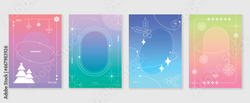 Merry christmas concept posters set. Cute gradient holographic background vector with vibrant color, snowflakes, holly, pine. Art trendy wallpaper design for social media, card, banner, flyer.