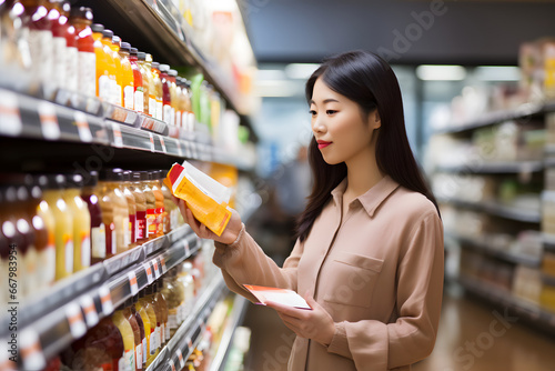 young adult Asian woman choosing a product in a grocery store. Neural network generated image. Not based on any actual person or scene.
