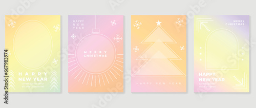 Merry christmas concept posters set. Cute gradient holographic background vector with pastel color, snowflakes, pine, ball, star. Art trendy wallpaper design for social media, card, banner, flyer.