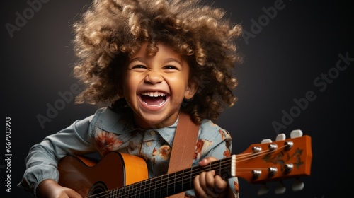 A joyful child playing guitar is isolated on a clean studio background with copy space. Creative banner for children's music school photo