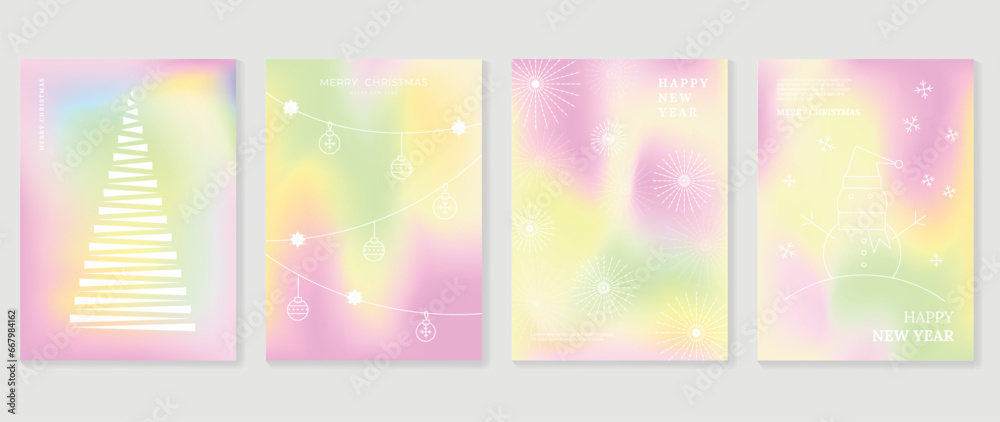 Merry christmas concept poster set. Cute gradient holographic background vector with pastel color, snowflake, pine, snowman,firework. Art trendy wallpaper design for social media, card, banner, flyer.