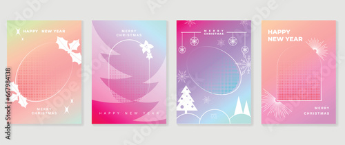 Merry christmas concept posters set. Cute gradient holographic background vector with pastel color, snowflakes, halftone texture. Art trendy wallpaper design for social media, card, banner, flyer.