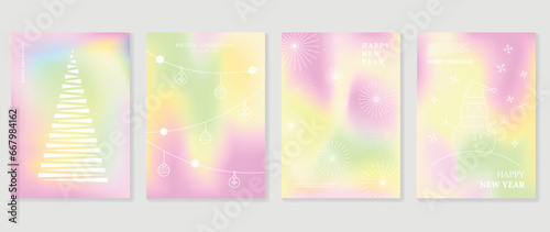 Merry christmas concept poster set. Cute gradient holographic background vector with pastel color, snowflake, pine, snowman,firework. Art trendy wallpaper design for social media, card, banner, flyer.