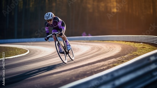 Beautiful young woman in sportswear cycling on the track.