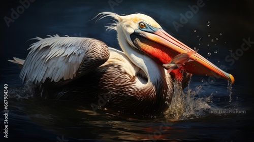 A pelican captured just as it scoops up a mouthful of fish from shimmering waters.