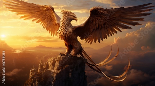 A phoenix-like bird, bathed in the golden light of dawn, perched atop a cliff. © baloch