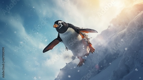 A playful penguin sliding down an icy slope, embodying the joys of winter. photo