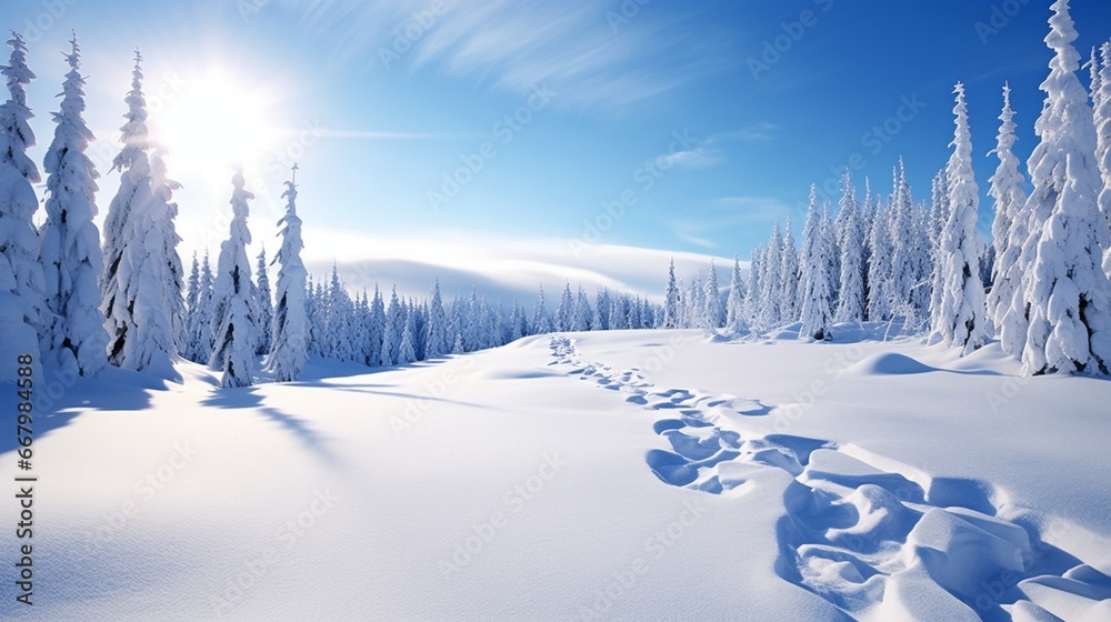 A pristine snow-covered landscape, untouched and pure, under a pale winter sun.