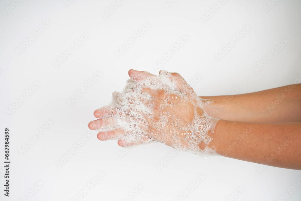 Hand washing on white background, cleaning hands