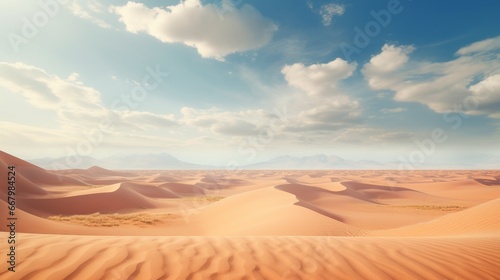 A pristine desert landscape, with rolling sand dunes and a vast, open horizon.