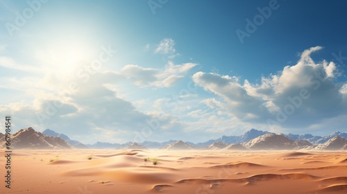 A pristine desert landscape, with rolling sand dunes and a vast, open horizon.