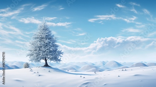 A pristine snowy landscape with a single decorated pine tree standing tall.
