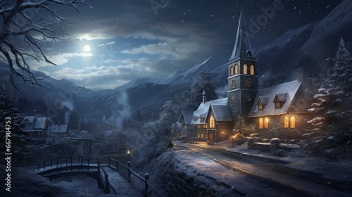 A quaint village church, its steeple illuminated against the snowy landscape.