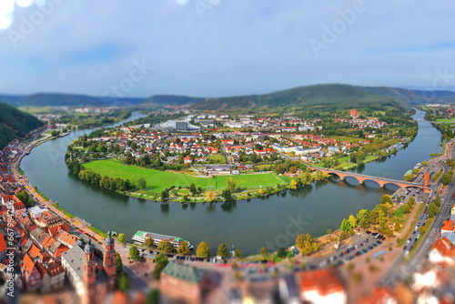 Luftbild von Miltenberg am Main mit Blick auf die Mainbrücke und das Zwillingstor. Miltenberg, Unterfranken, Bayern, Deutschland. photo