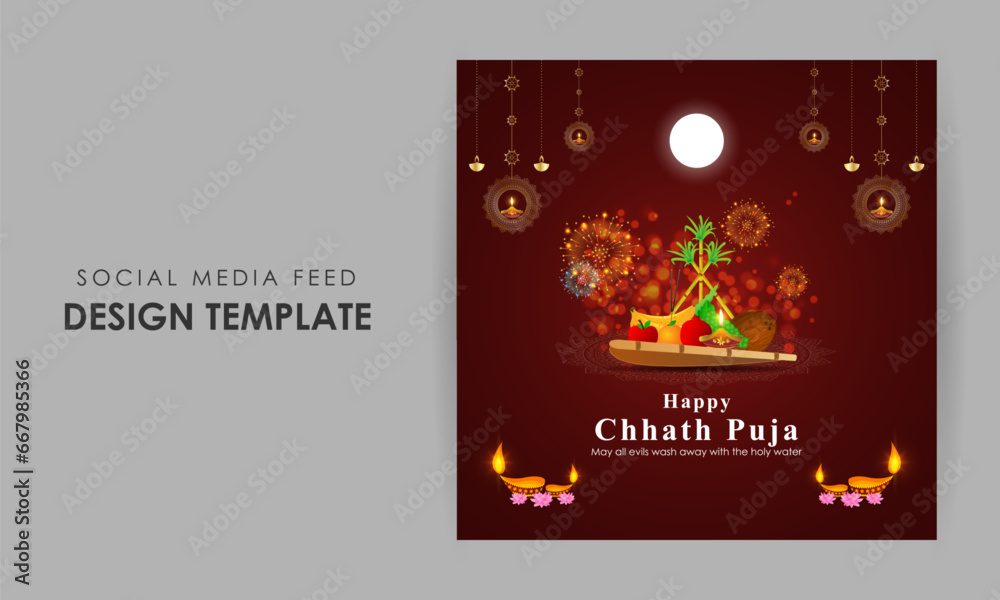 Naklejka premium Vector illustration of Happy Chhath Puja social media feed template