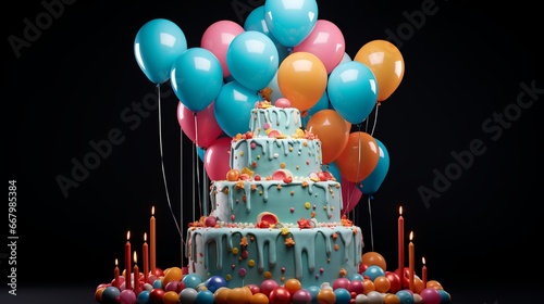 colorful birthday cake and balloons celebration with streamers and confetti