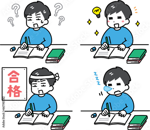 勉強している私服の男性のセット