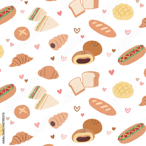 色々なかわいいパンのイラストのシームレスパターン
