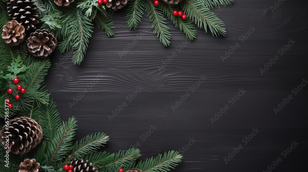 Top view of christmas decoration on wood background, Generative AI.