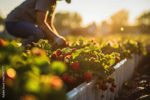 Vászonkép Woman hand picking strawberry house family garden, Generative AI.