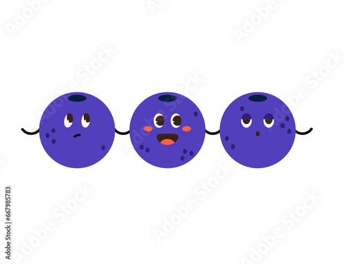 Three blueberry character. Cute comic berries smiling, desperate face emotion. Vector illustration