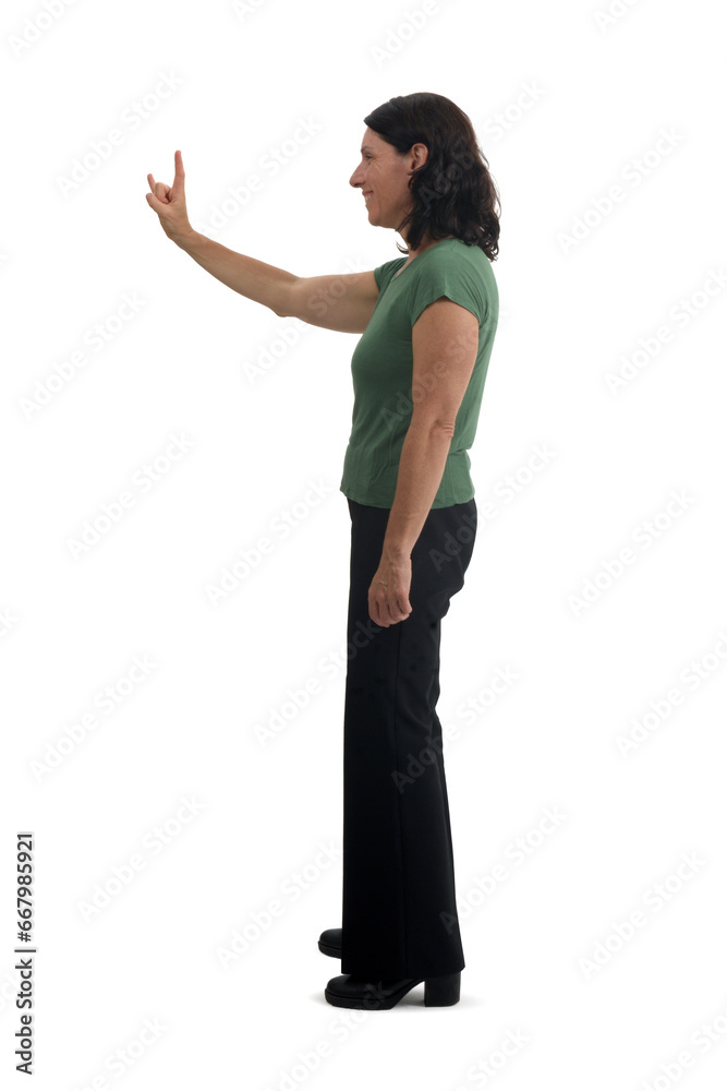 side view of a woman showing the horns sign with fingers on white background side view of a woman showing the horns sign with fingers on white background