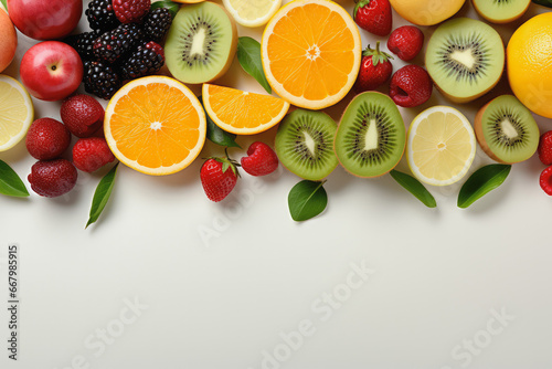 Top view of fruits on white background  Generative AI.