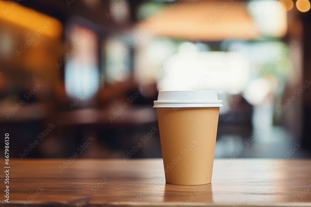 Brown paper coffee cup on the table in coffee shop background, Generative AI. Brown paper coffee cup on the table in coffee shop background, Generative AI.