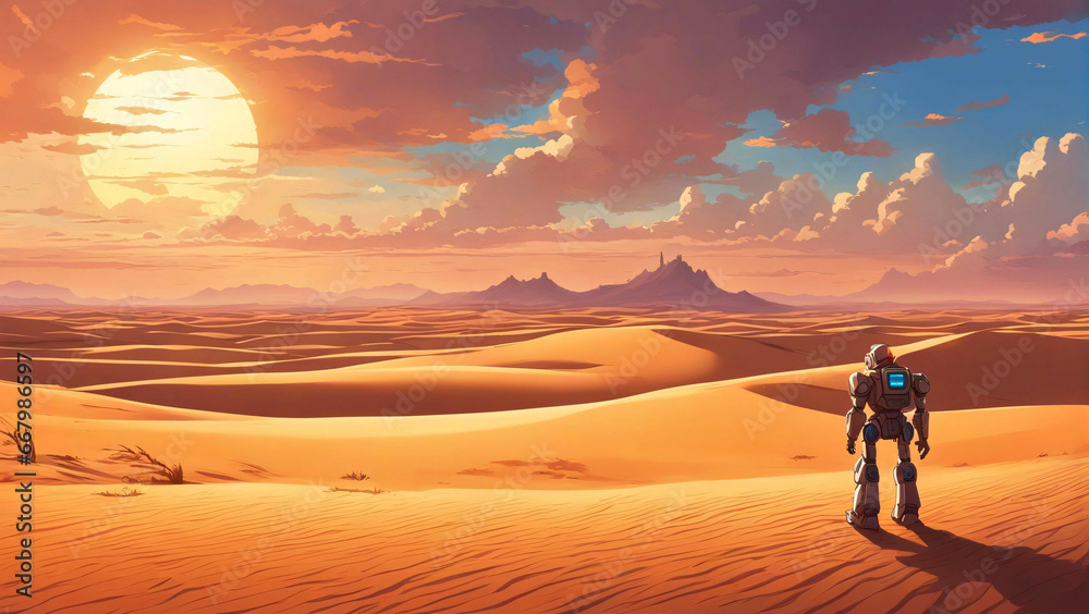 A robot looking at the vast desert landscape.