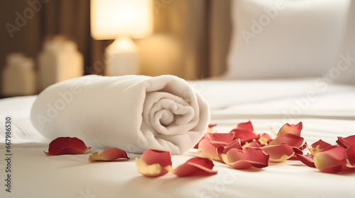 Romantic hotel bedroom setting with a pristine white towel and a vibrant red rose accompanied by scattered petals.