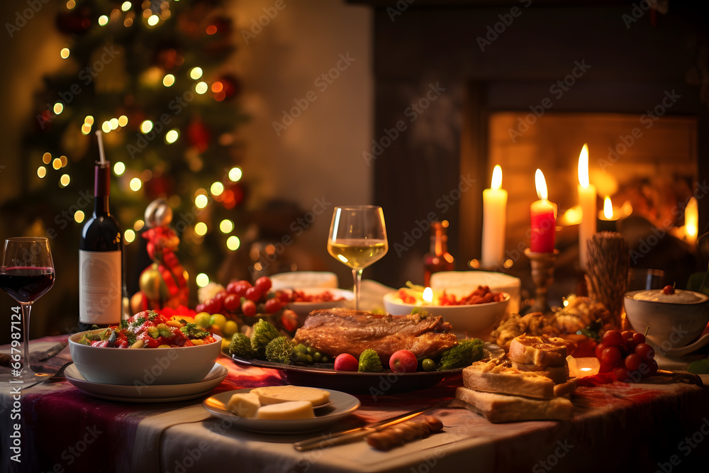 Fototapeta premium Beautiful christmas holiday dining table decorated prepared for new year's eve