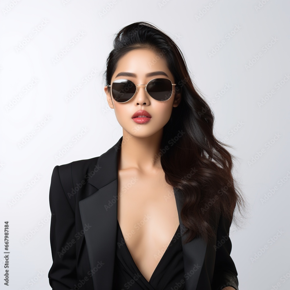Young sexy Asian woman in black clothes and sunglasses on a dark background Young sexy Asian woman in black clothes and sunglasses on a dark background
