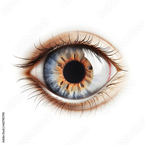 Blue eye macro shot of the woman. Human eye macro detail isolated on white