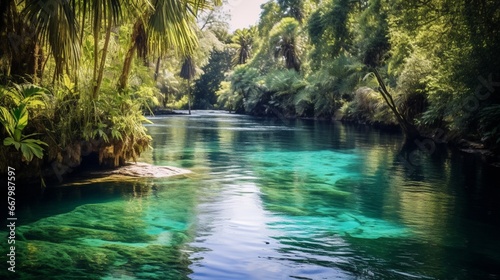 A serene lagoon  waters turquoise and clear  surrounded by lush vegetation.