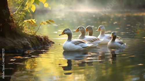 A serene scene of ducks paddling across a calm pond, their ripples distorting the reflection.