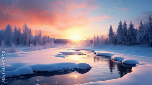 A serene winter landscape, untouched snow reflecting the colors of a setting sun.