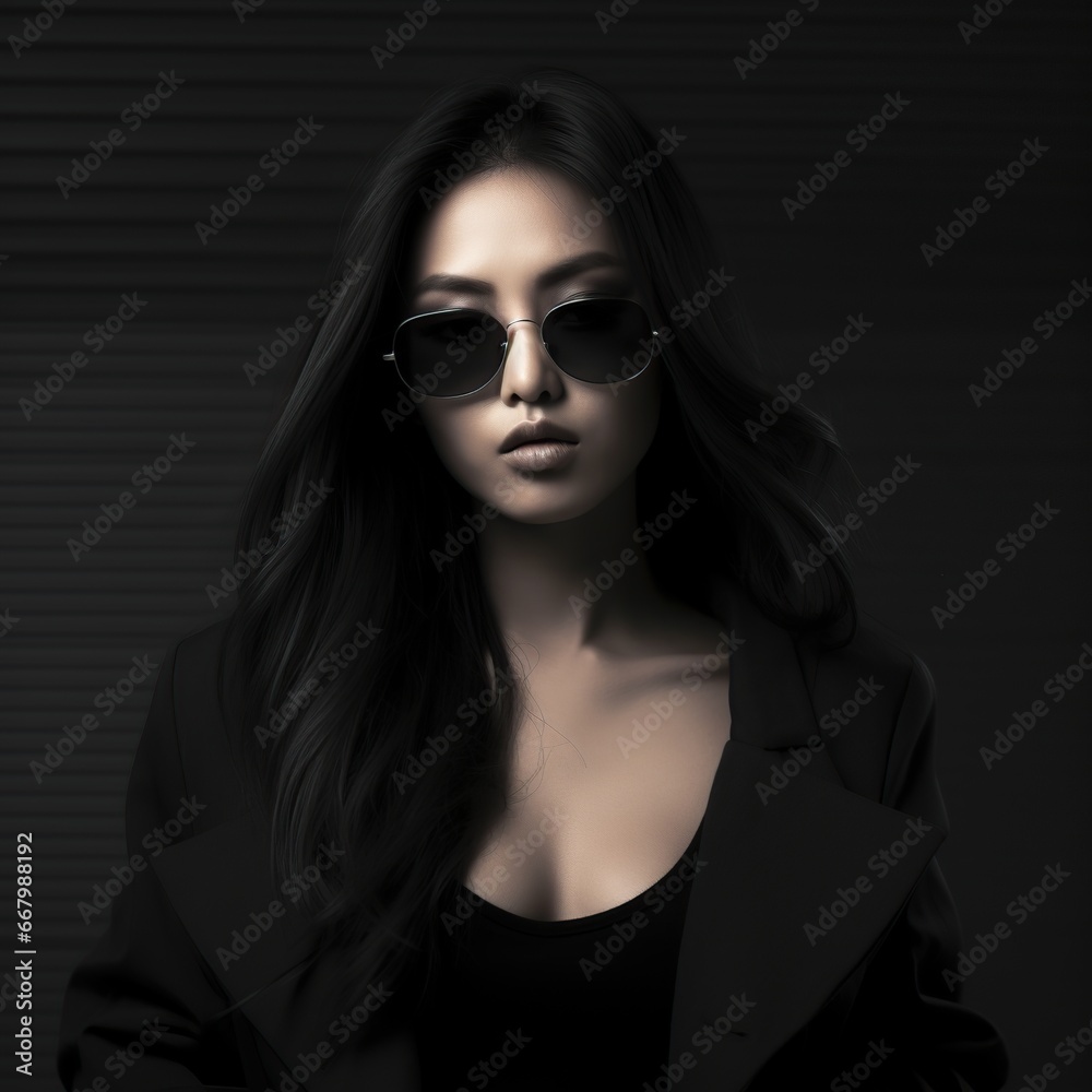 Young sexy Asian woman in black clothes and sunglasses on a dark background Young sexy Asian woman in black clothes and sunglasses on a dark background