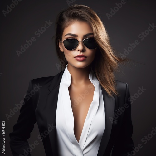 Beautiful sexy woman in black clothes and sunglasses on a dark background