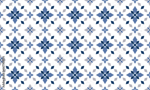 Abstract Thai flower style seamless pattern in blue and grey on white background. Vector illustration, for masculine shirt dress fabric textile garment cover decoration wallpaper backdrop tile