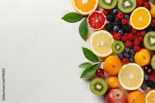 Top view of fruits on white background, Generative AI.