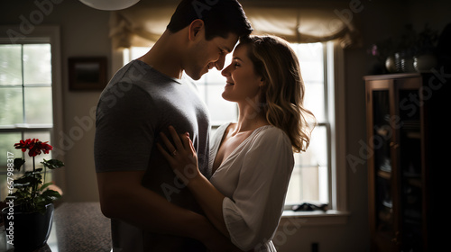 Young couple sharing intimate moment standing and passionate kissing together at home, loving boyfriend and girlfriend sharing live together photo