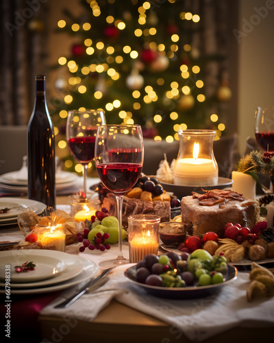 Beautiful dining table setting with christmas party with fir elegant candles and delicious festive food and wine decorated prepared for new year s eve