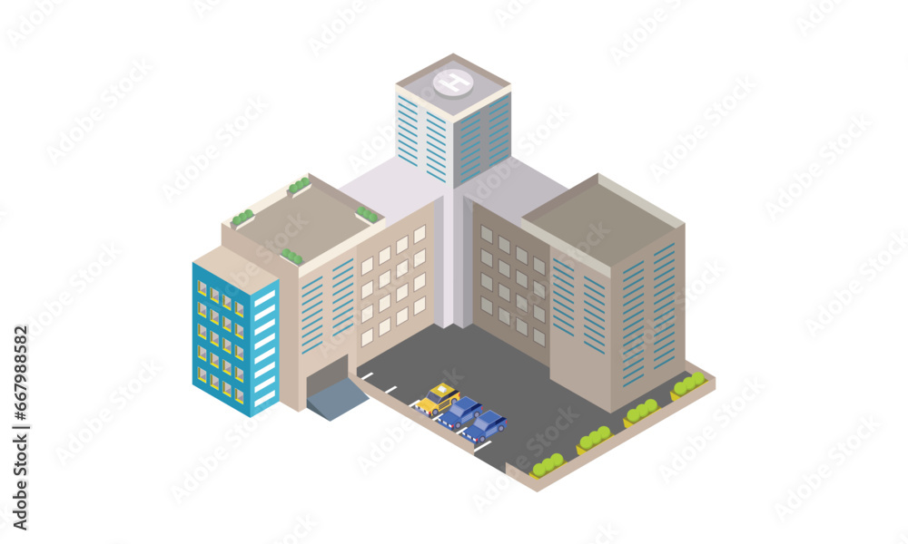 Isometric hotel, apartment, school, or skyscraper building.on white background.3D design.isometric vector design Illustration.