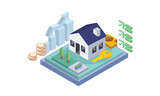 Cottage house with scatter coins and hourglass.buying home by installments.on white background.3D design.isometric vector design.