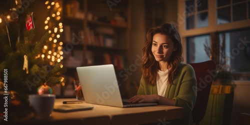  online christmas shopping, Woman Enjoys the Warmth of Her Living Room Adorned with a Christmas Tree, While She Sits by a Wooden Table and Embarks on Festive Online Shopping